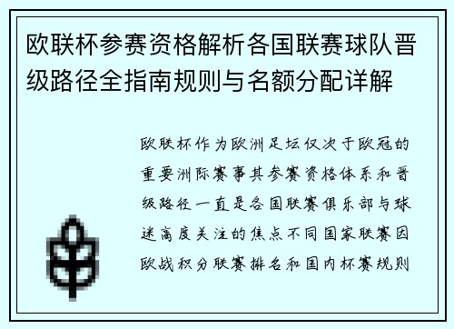 欧联杯参赛资格解析各国联赛球队晋级路径全指南规则与名额分配详解